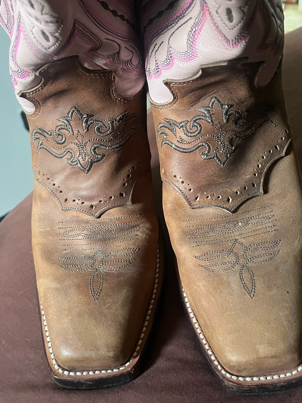 Justin Boots Brown Leather Square-Toe Western Boots with Pink Top